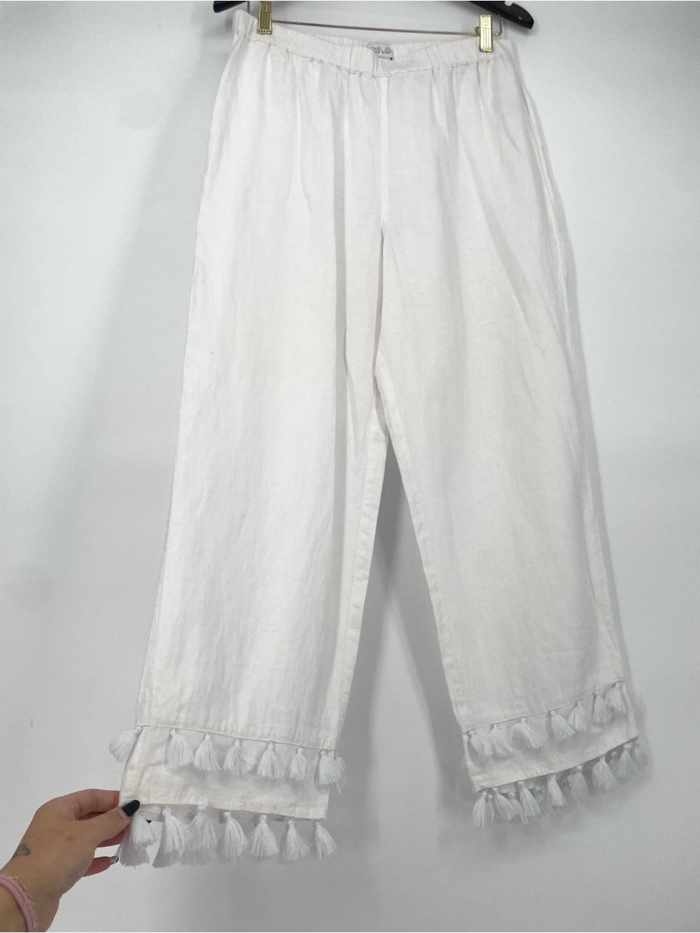 White 100% Linen Boho Fringe Tassel Pull On Pants Elastic Waist Summer Wide Leg